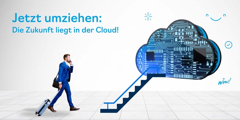 Cloud-Migration und digitale Zukunft von Unternehmen: Business-Mann mit Koffer steigt auf Rolltreppe Richtung Cloud 