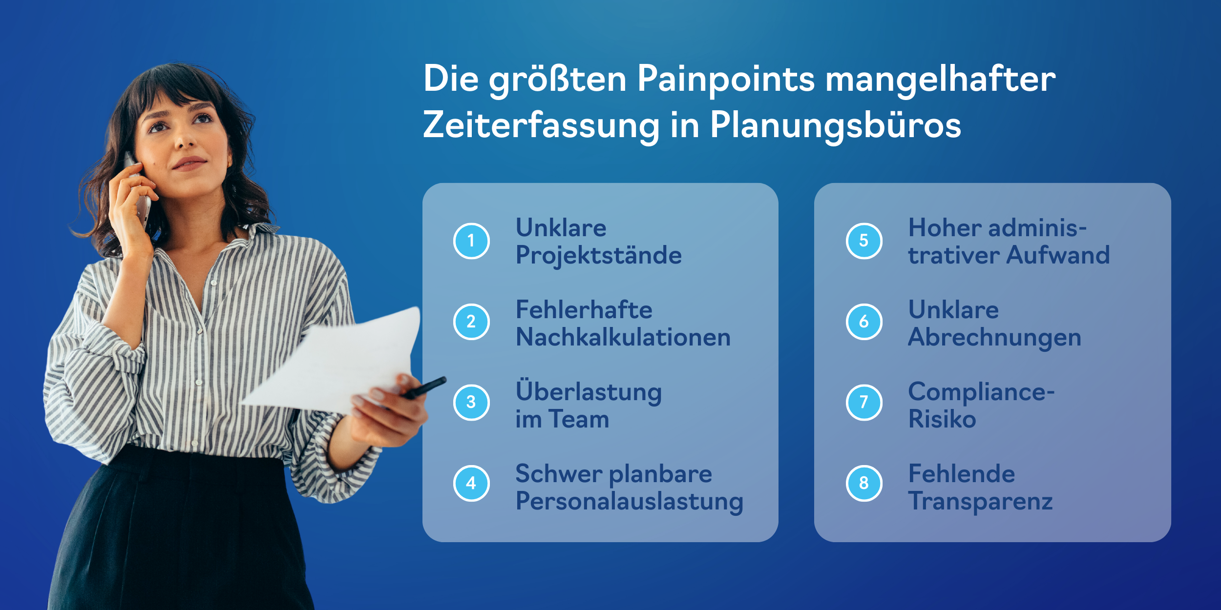 Infografik: Die größten Painpoints mangelhafter Zeiterfassung in Planungsbüros – unklare Projektstände, schwer planbare Auslastung, Fehler in Abrechnungen, Compliance-Risiken und weitere Herausforderungen.