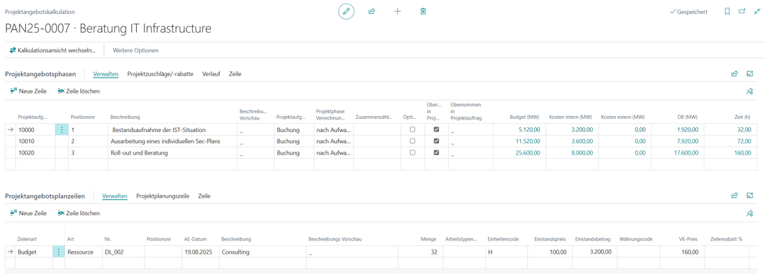 Screenshot der Angebotskalkulation in timo365 ERP für ein Projektangebot