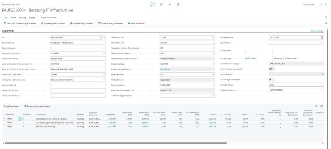 Screenshot einer Projektauftragskarte in timo365 ERP mit Projektdaten und Status