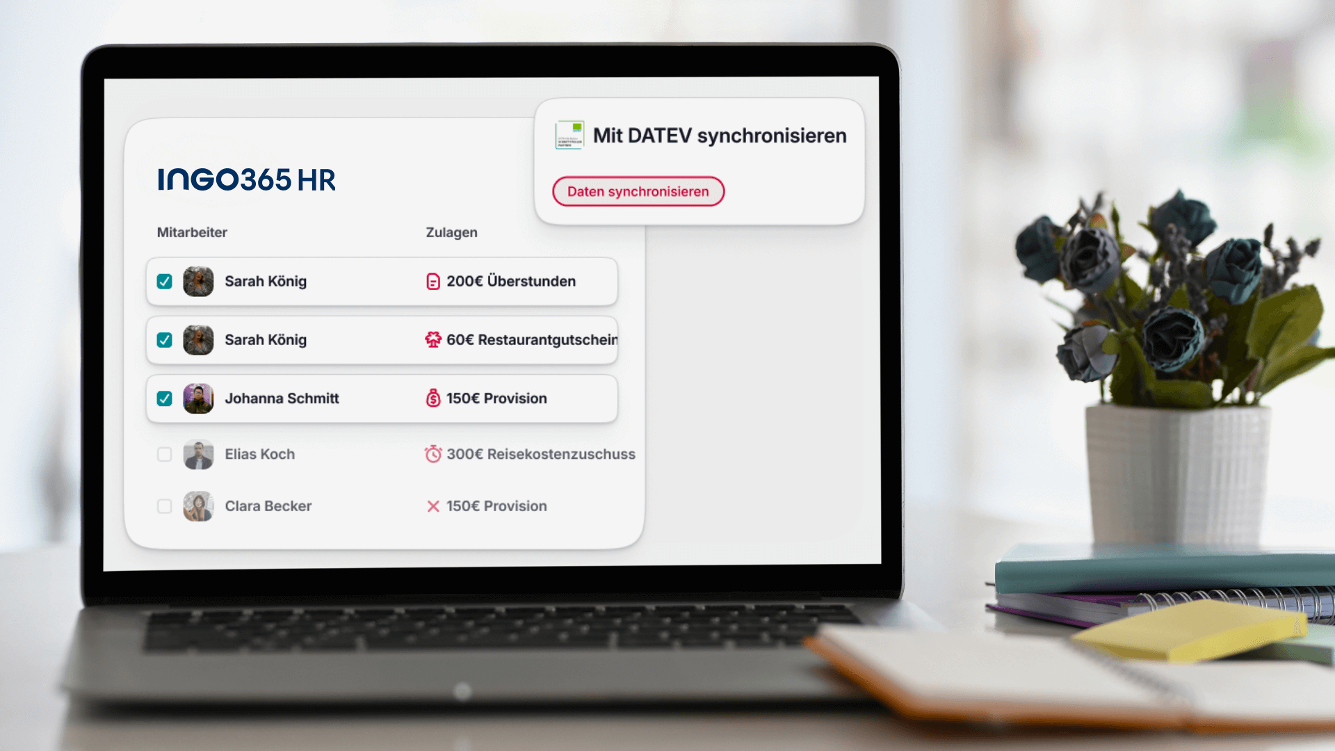 Moderne HR-Software ingo365 HR mit DATEV-Anbindung – Bildschirmansicht zeigt Lohnabrechnung und Mitarbeiterdaten im Planungsbüro