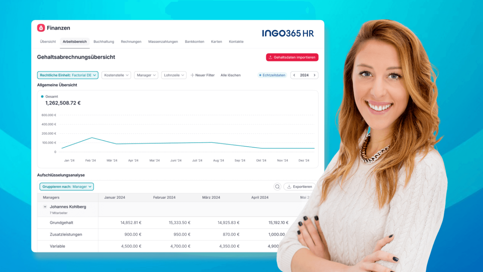 Transparenter Überblick über Lohnkosten mit ingo365 HR – Screenshot der HR-Software mit zufriedener Mitarbeiterin im Planungsbüro