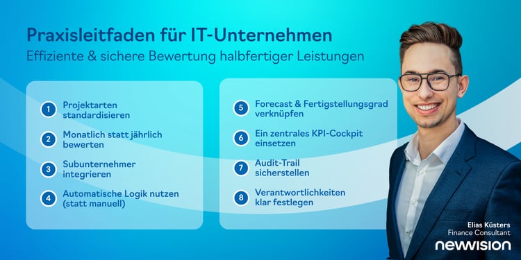 Praxisleitfaden zur Bewertung halbfertiger Leistungen (WIP) in IT-Dienstleister-Projekten mit klaren Schritten für Fertigstellungsgrad, Forecast und revisionssichere Finance-Prozesse.