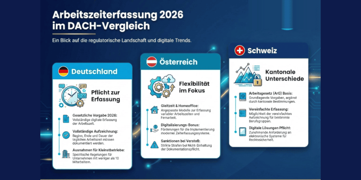 Übersicht zur Pflicht der digitalen Arbeitszeiterfassung in Deutschland, Österreich und der Schweiz (DACH)