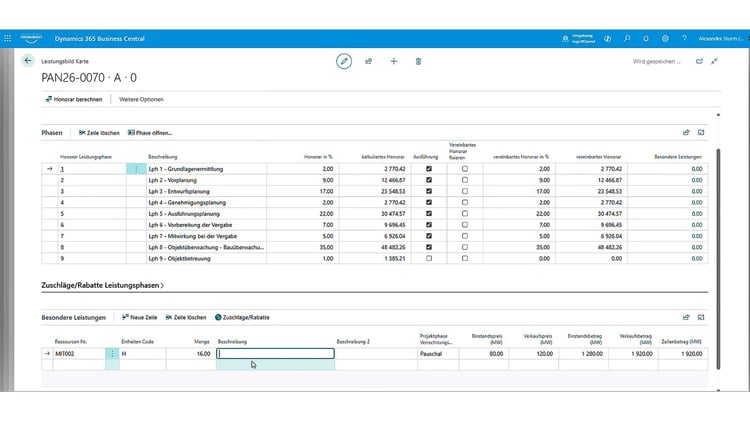 Honorarkalkulation in ingo365 ERP
