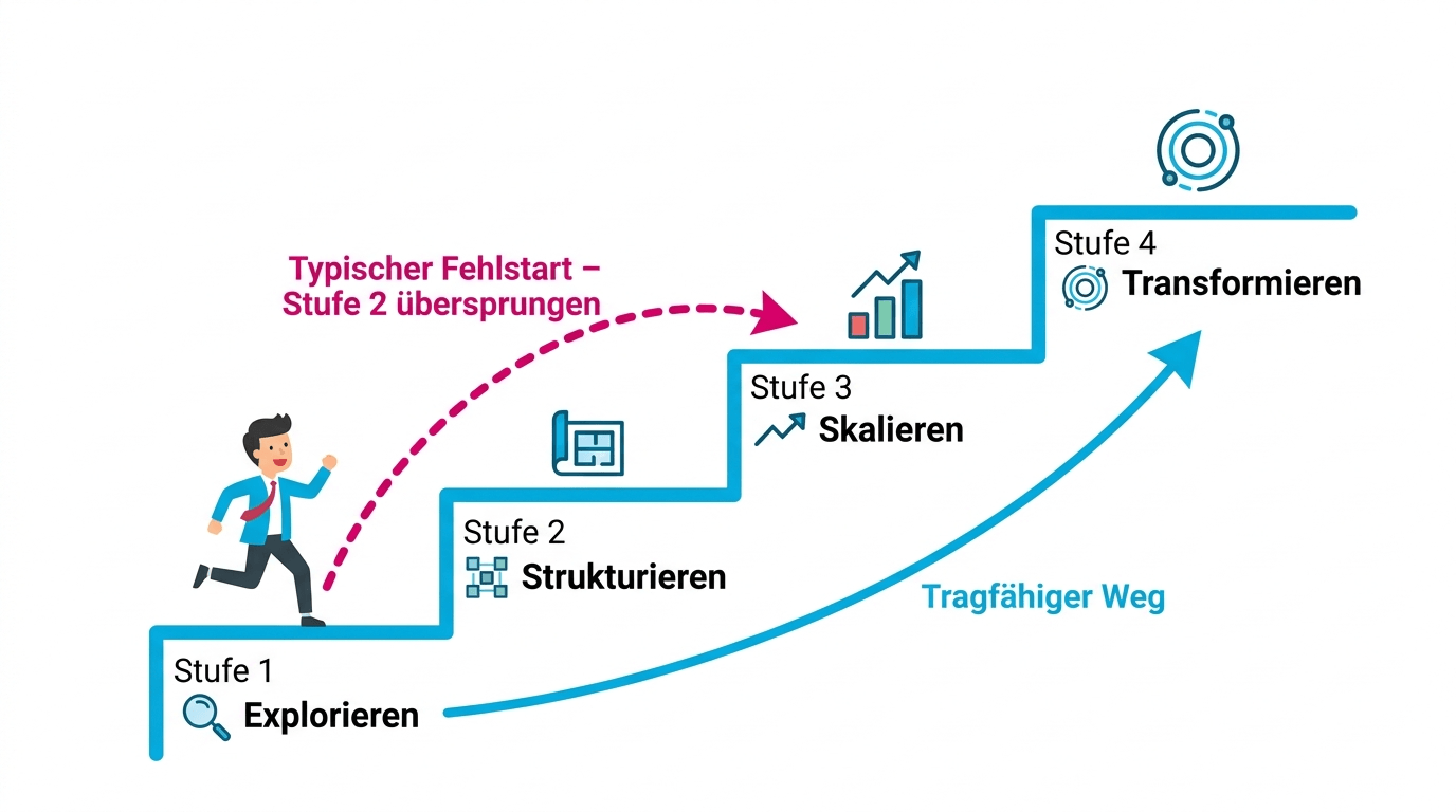 Infografik: Die Reifegrad-Logik - Tragfähiger Weg zur erfolgreichen KI-Implementierung