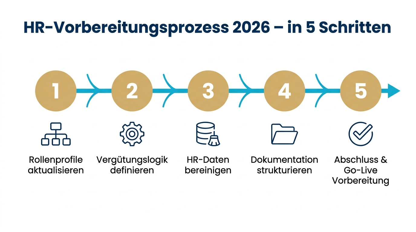 HR‑Vorbereitungsprozess 2026 in fünf Schritten: Rollenprofile, Vergütungslogik, HR‑Daten, Dokumentation und Go‑Live‑Vorbereitung