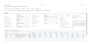 Screenshot einer Projektauftragskarte in timo365 ERP mit Projektdaten und Status